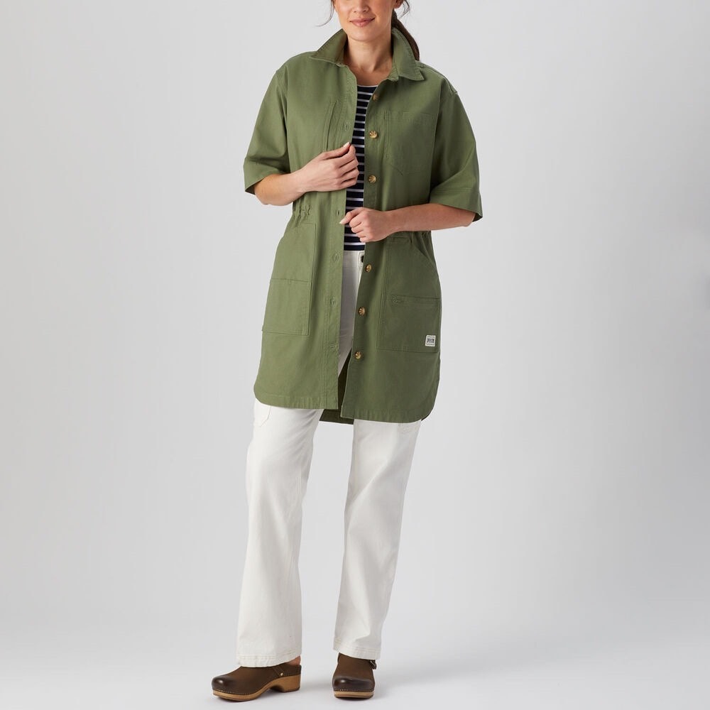 Duluth Trading Co Rootstock Gardening Duster Tunic Olive Green Utility Pockets S
